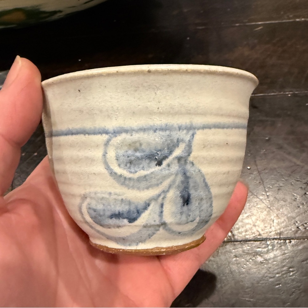 Becky Eiker MT Studio Pottery Small Bowl Cup Stoneware Blue Folk Art Pacific NW